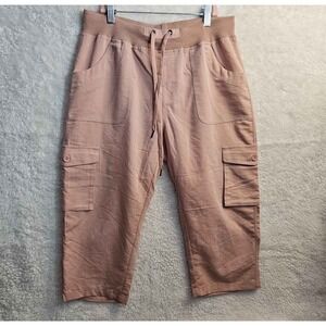 Linen-like Sz L Peach Cargo Capri Pants Drawstring Stretch Waist Pockets #560